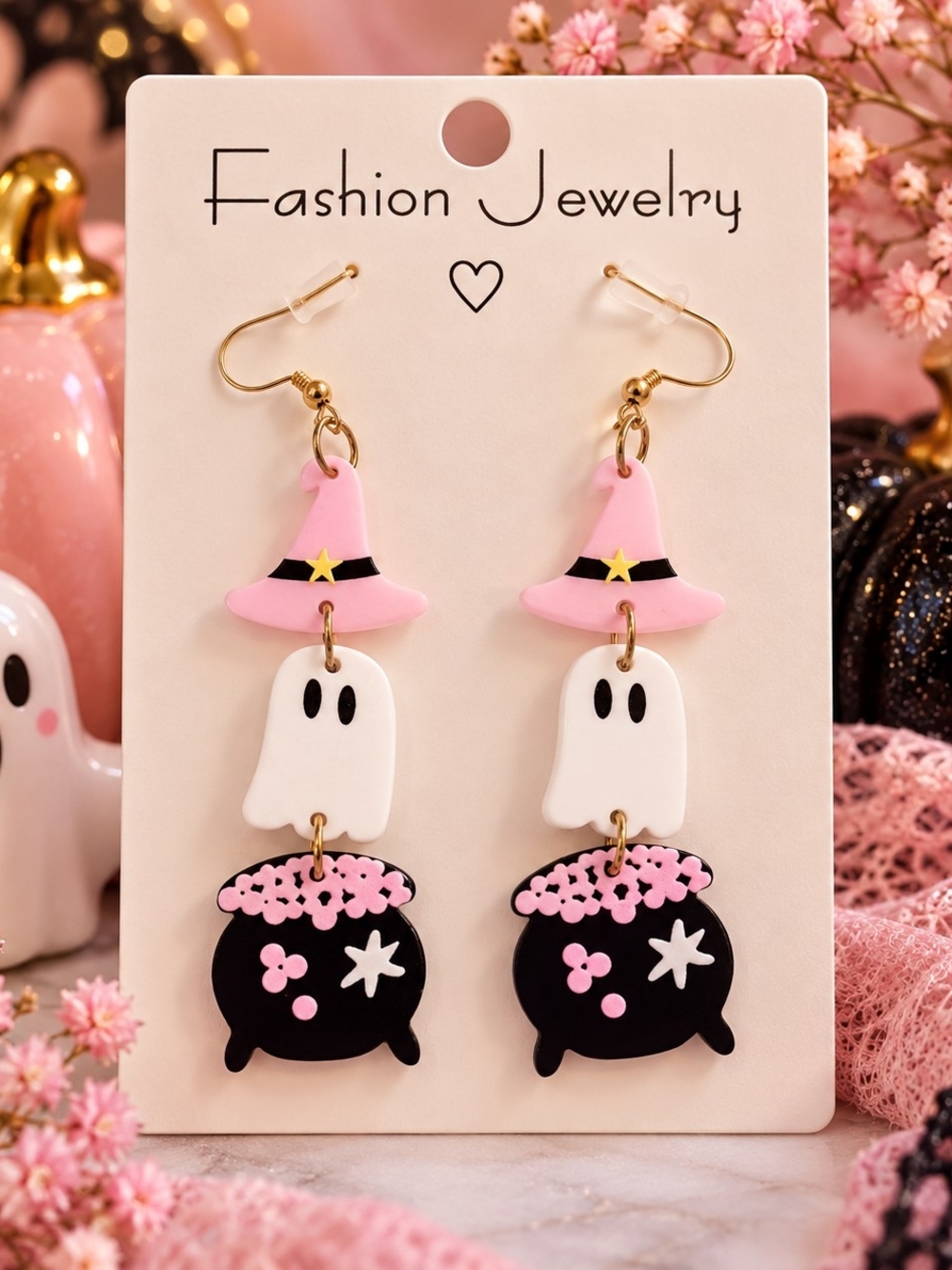Pink Witchy Ghost Cauldron Halloween Dangle Drop Earrings New